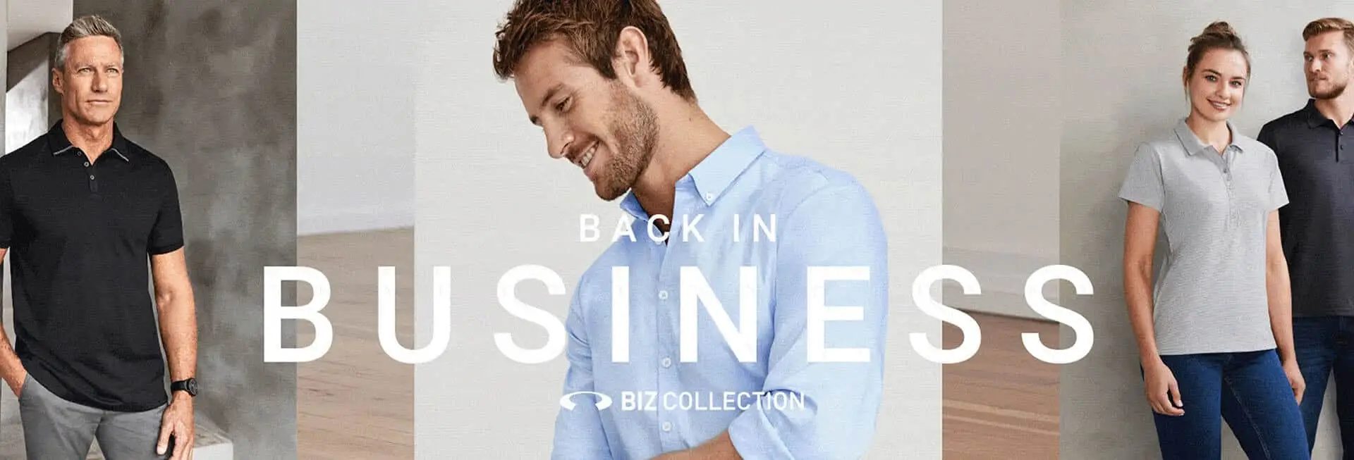 A smiling man wearing a light blue shirt, looking to the side, with the text 'BACK IN BUSINESS' and 'BIZ COLLECTION' to the right.