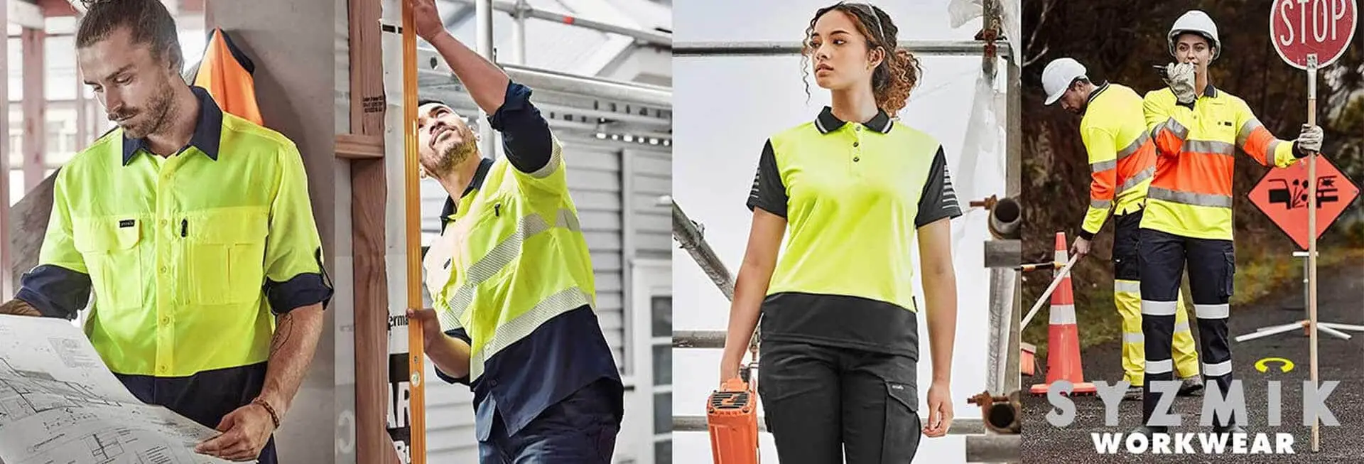 A split image featuring two individuals in high-visibility work attire. On the left, a man is reaching up while wearing a reflective yellow safety jacket. On the right, a woman is posing with a stylish high-visibility polo shirt, holding a tool bag, both set against a construction backdrop.