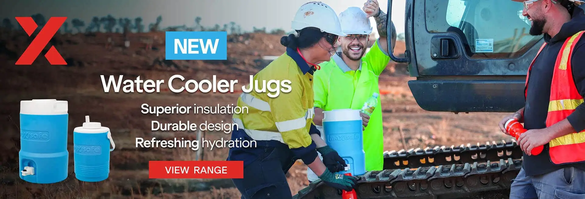 Two workers in safety gear, one wearing a hard hat and a high-visibility jacket, are smiling while handling a cooler jug on a construction site. The text on the image highlights the products as 'New Cooler Jugs' with benefits like 'superior insulation and efficient design for hydration.'