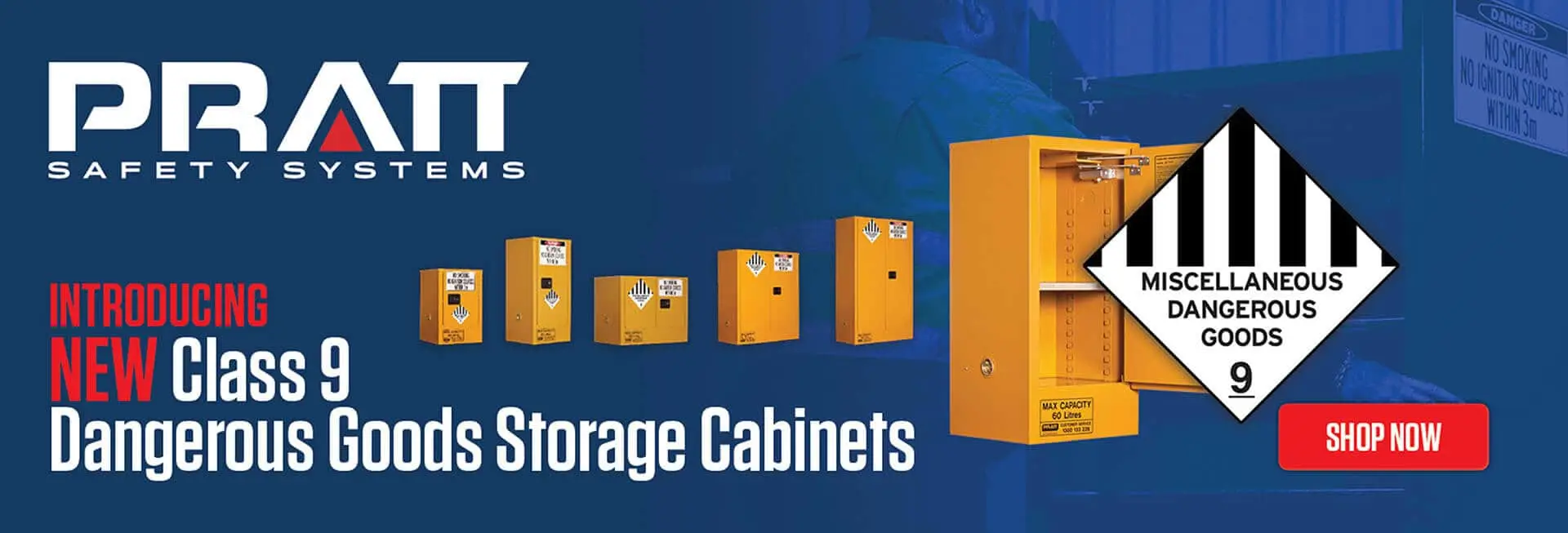 Image displaying a range of yellow storage cabinets in various sizes against a blue background. The design emphasizes safety and organization, with labels visible on the cabinets.