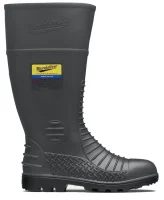 A black rubber waterproof boot with a textured surface and a logo featuring a yellow and blue flag on the side. The boot is designed for durability and protection, featuring a high shaft and a sturdy sole.