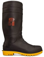 A single black rubber boot designed for industrial or outdoor use, featuring a sturdy sole and a label on the side indicating safety specifications.