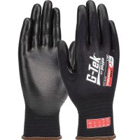 Product entry for G-Tek black seamless knit gloves with a smooth black palm coating.
