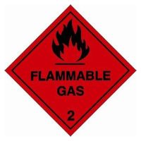 Hazard symbol for flammable gas, presented in a red diamond shape with a flame icon at the top. The label indicates the hazard class "2."