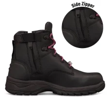 Black work boot with lace-up front, padded ankle, and visible side zipper; chunky black sole.