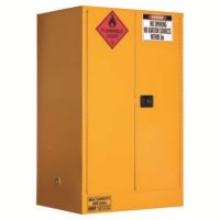 A tall, yellow double-door hazardous chemical storage cabinet with a red "Flammable Liquid" diamond sign and a black paddle handle.