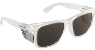 Transparent-framed safety glasses featuring dark-tinted rectangular lenses and slim temple arms.