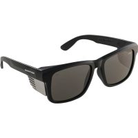 Black-framed industrial safety glasses with dark-tinted lenses and reinforced, ergonomic temple arms.