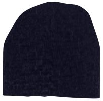 A dark navy beanie hat with a simple, smooth texture.