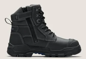 A black hiking boot featuring a lace-up design, with side zippers for easy wear, and rugged soles suitable for outdoor activities.