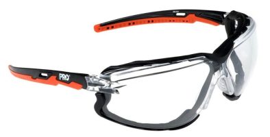 Anti-fog safety goggles with clear lenses and a ventilated black foam gasket for a secure, dust-resistant seal around the eyes.
