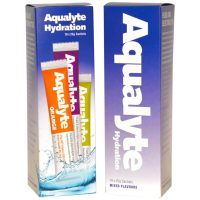 A vertical retail box for Aqualyte electrolyte hydration featuring blue and white branding with an image of a prepared orange drink.