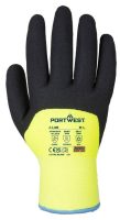 Yellow and black protective gloves with a specialized grip pattern on the palm and reinforced impact zones on the back of the hand.