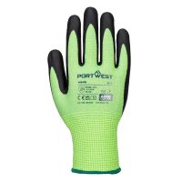 High-visibility lime green knit glove featuring a black protective palm dip.