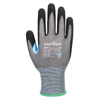 Lightweight grey knit gloves featuring a smooth black nitrile-coated palm for precision tasks and hand safety.