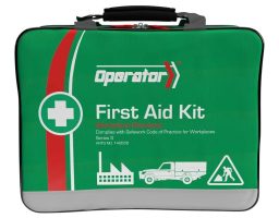 A portable fabric version of the "Operator" first aid kit. Like the red bag above, it features a reflective strip at the bottom for visibility and a top carry handle.