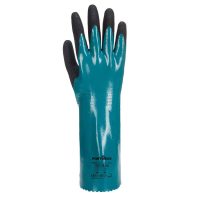 A pair of gloves in yellow, black, and blue, designed with dense rubber padding for heavy-duty hand protection.