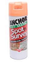 A cylindrical can of "Anchor Mark Spot n Survey" marking paint, primarily orange, featuring branding and details on the label.