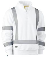 Image of a white safety sweatshirt with gray reflective strips across the arms and chest. The sweatshirt has a hood and a half-zipper at the neck.
