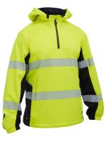 Image of a bright yellow high-visibility pullover jacket with black accents and reflective strips around the shoulders and torso. The jacket features a hood and a zippered neck opening.