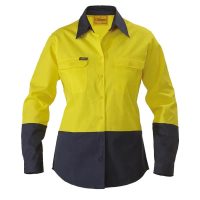 A bright yellow and navy blue long-sleeve work shirt designed for high visibility and safety, featuring a button-up front and a collar.