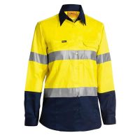 A bright yellow long-sleeve work shirt with navy blue accents, featuring two reflective stripes across the chest and arms, designed for high visibility in work environments.