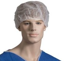 disposable white bouffant-style hair net or mob cap for hygiene control.