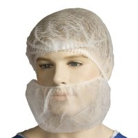 A disposable white net beard cover shown on a mannequin for sanitary food or medical environments.