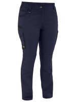 Image of a pair of navy blue cargo pants featuring side pockets and a tapered fit.