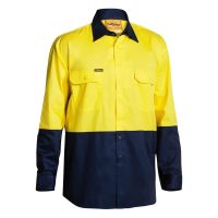 Long-sleeve high-visibility work shirt in yellow and navy blue, featuring two chest pockets and a button-up front.
