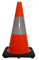 Bright orange safety cone featuring a single high-intensity reflective band around the upper mid-section.