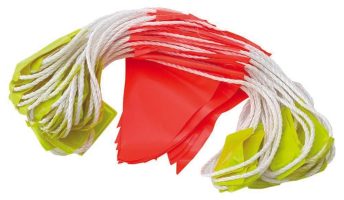 A bundle of red and lime green safety bunting attached to a white rope.