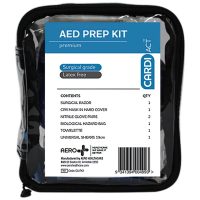 A black zippered nylon AED prep kit bag with a transparent front panel revealing a contents checklist.