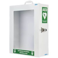 White wall-mounted first aid cabinet with glass door and visible interior compartment