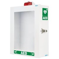 A wall-mountable white metal AED cabinet with a large clear viewing window, a side latch, and a green heart-shaped AED logo.