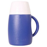 A classic blue insulated beverage container with a side handle and a white screw-on cup lid.