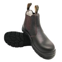 Brown leather ankle boots with elastic side panels and a sturdy black sole, featuring a decorative pull tab.
