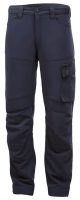 A close-up view of dark cargo pants featuring several pockets and a fitted design, displayed against a plain background.