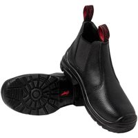 Black leather ankle boots with elastic sides and red pull tabs, showcasing a textured sole.