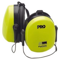 High-visibility neon yellow earmuffs designed for hearing protection. They feature a black padded headband and a slim, rounded cup design.