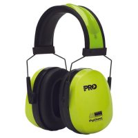 A close-up photograph of a pair of high-visibility neon yellow and black industrial hearing protection ear muffs with a black headband, on a white background.