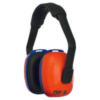 A pair of high-visibility earmuffs featuring bright blue and orange ear cups with a thick, padded black fabric headband.
