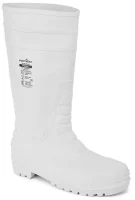 A white rubber waterproof boot with a high shaft and a smooth finish. The boot includes markings and labels on the side, indicating sizing and care instructions.