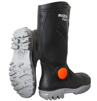 Image of black rubber boots with a gray outsole. The boots have a round orange tag on the side, indicating specialized use, likely for outdoor or industrial activities.