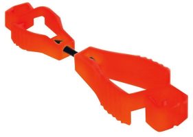 An orange clamp tool designed for holding or securing items, featuring a unique gripping mechanism and a bright color for visibility.