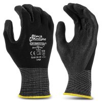 Pair of black textured work gloves with yellow elasticized wrists