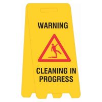 A bright yellow caution sign with the words "WARNING" and "CLEANING IN PROGRESS," along with an image of a person slipping.