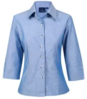 A light blue button-up shirt with three-quarter sleeves and a pointed collar, displayed against a white background.