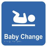 A blue square sign featuring a white silhouette of a baby lying on a changing table with the text "Baby Change" underneath.