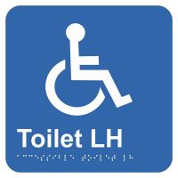 Sign indicating a wheelchair-accessible toilet with the text "Toilet LH" on a blue background. The graphic depicts a person in a wheelchair.